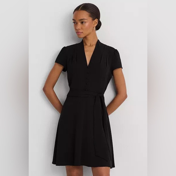 Lauren Ralph Lauren Women's Belted Georgette Short-Sleeve Dress, Black - Picture 3 of 8